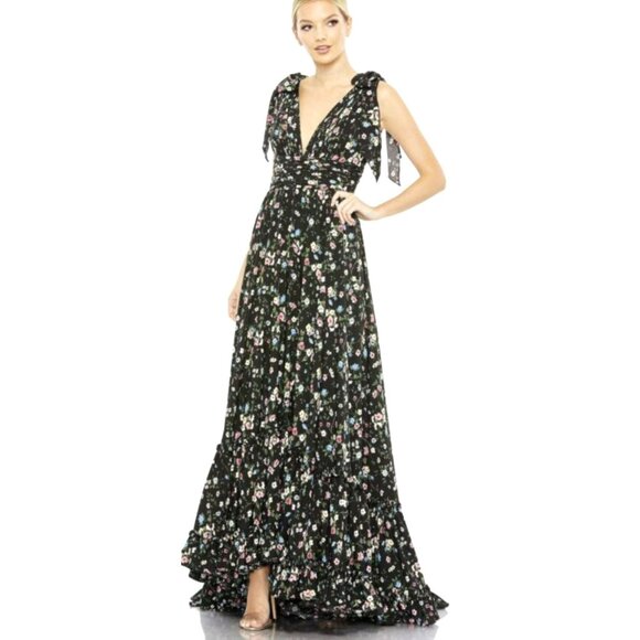 Mac Duggal Maxi Dress Tie-Shoulder Black Floral Gown Size 14 NWT - Picture 1 of 8